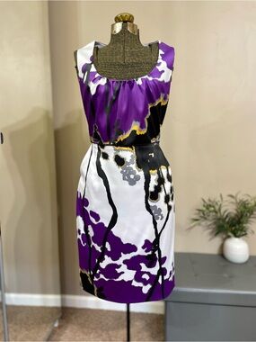 Tahari Abstract Satin Mini Sheath Dress Purple White Cocktail Party Pockets
